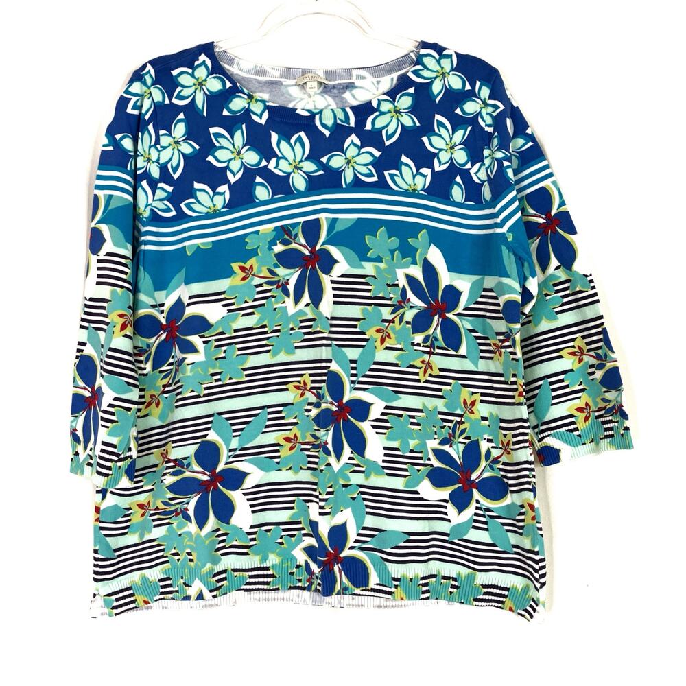 Talbots Outlet | Blue Floral 3/4 Sleeve Pullover Sweater 100% Cotton Women Large